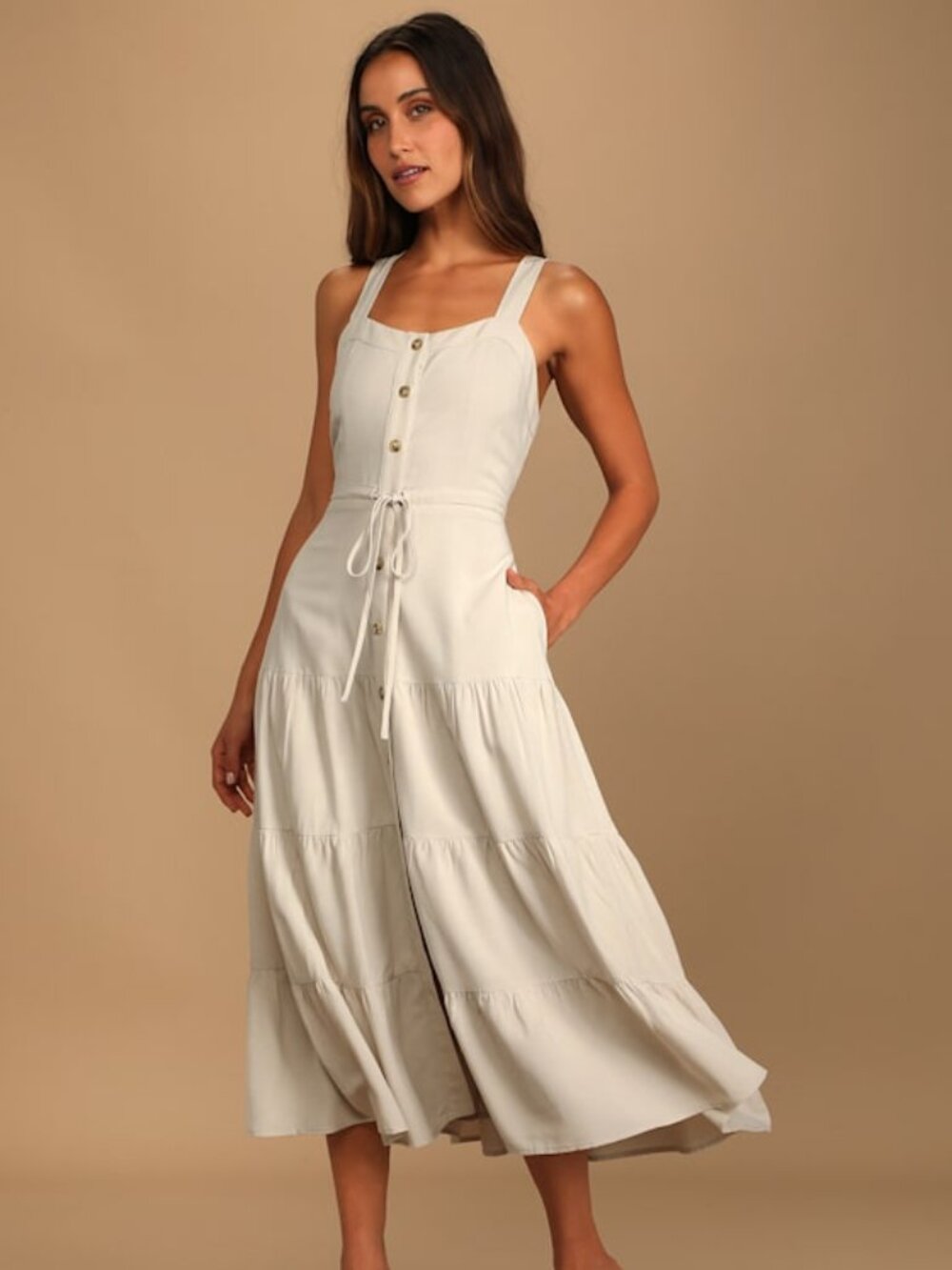 NWT Lulus See The City Beige Button-front Tiered Midi Dress - Size M